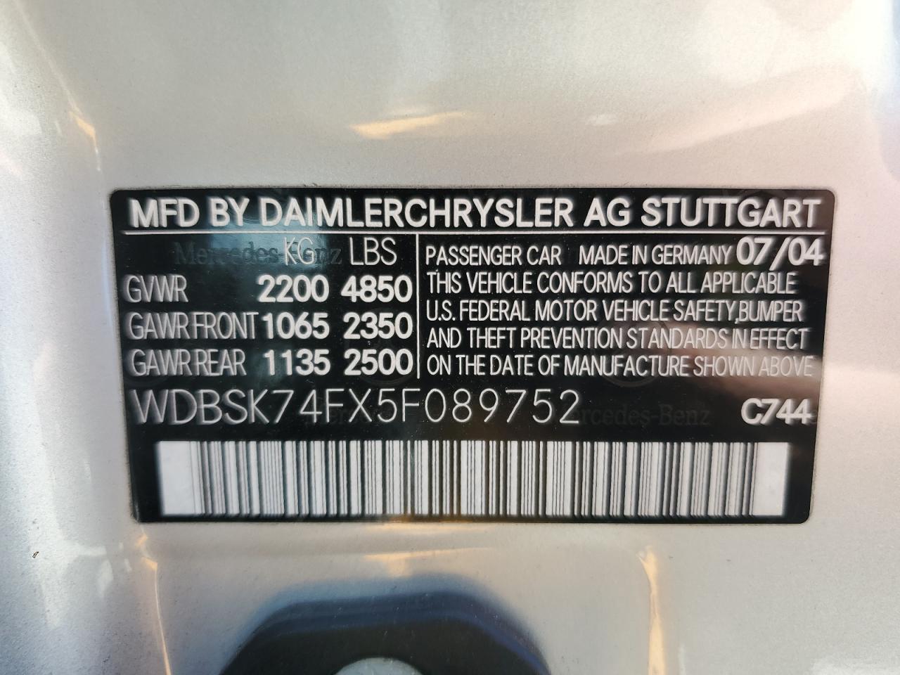 2005 Mercedes-Benz Sl 55 Amg VIN: WDBSK74FX5F089752 Lot: 66136845