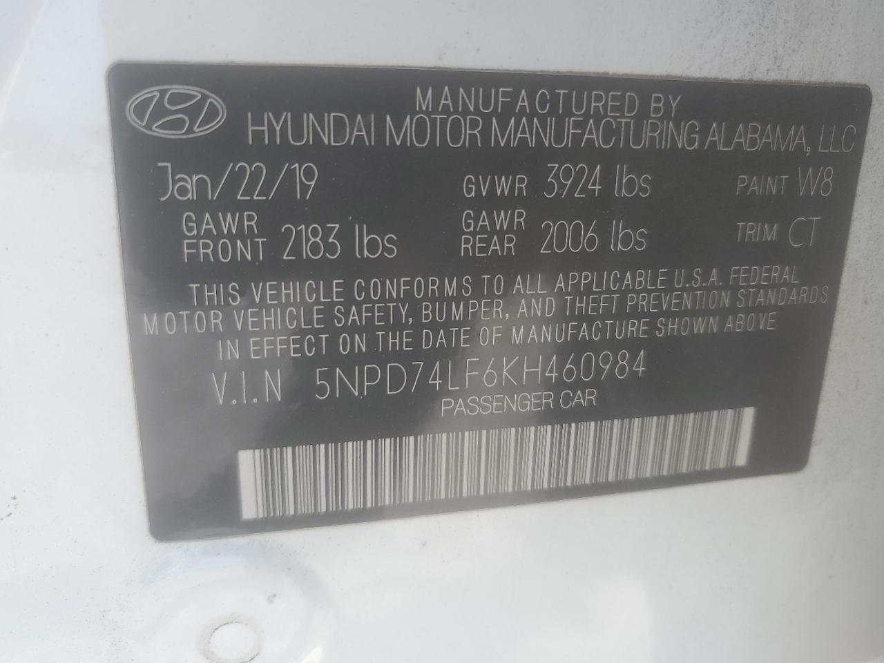 2019 Hyundai Elantra Se VIN: 5NPD74LF6KH460984 Lot: 63031965