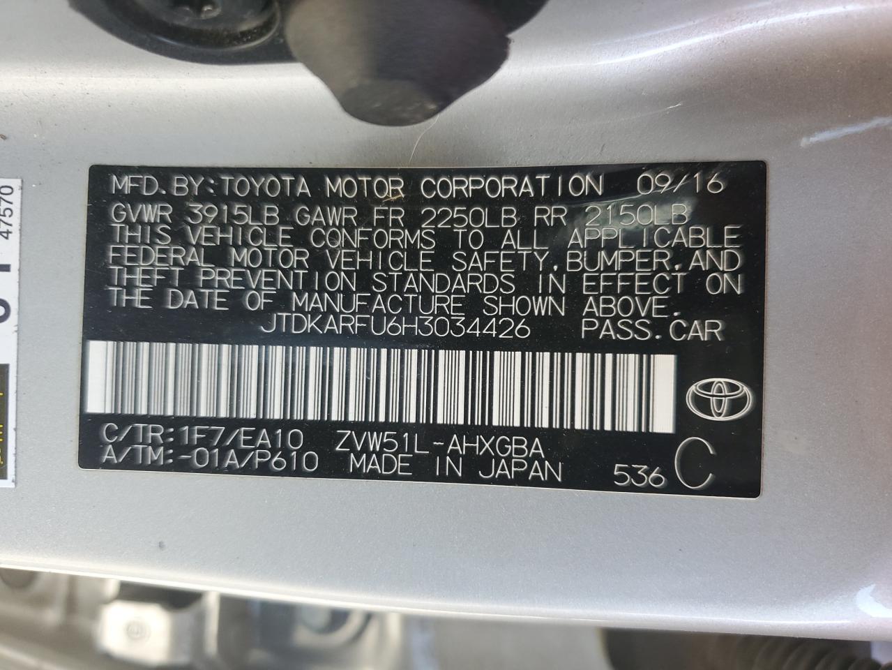2017 Toyota Prius VIN: JTDKARFU6H3034426 Lot: 66222155