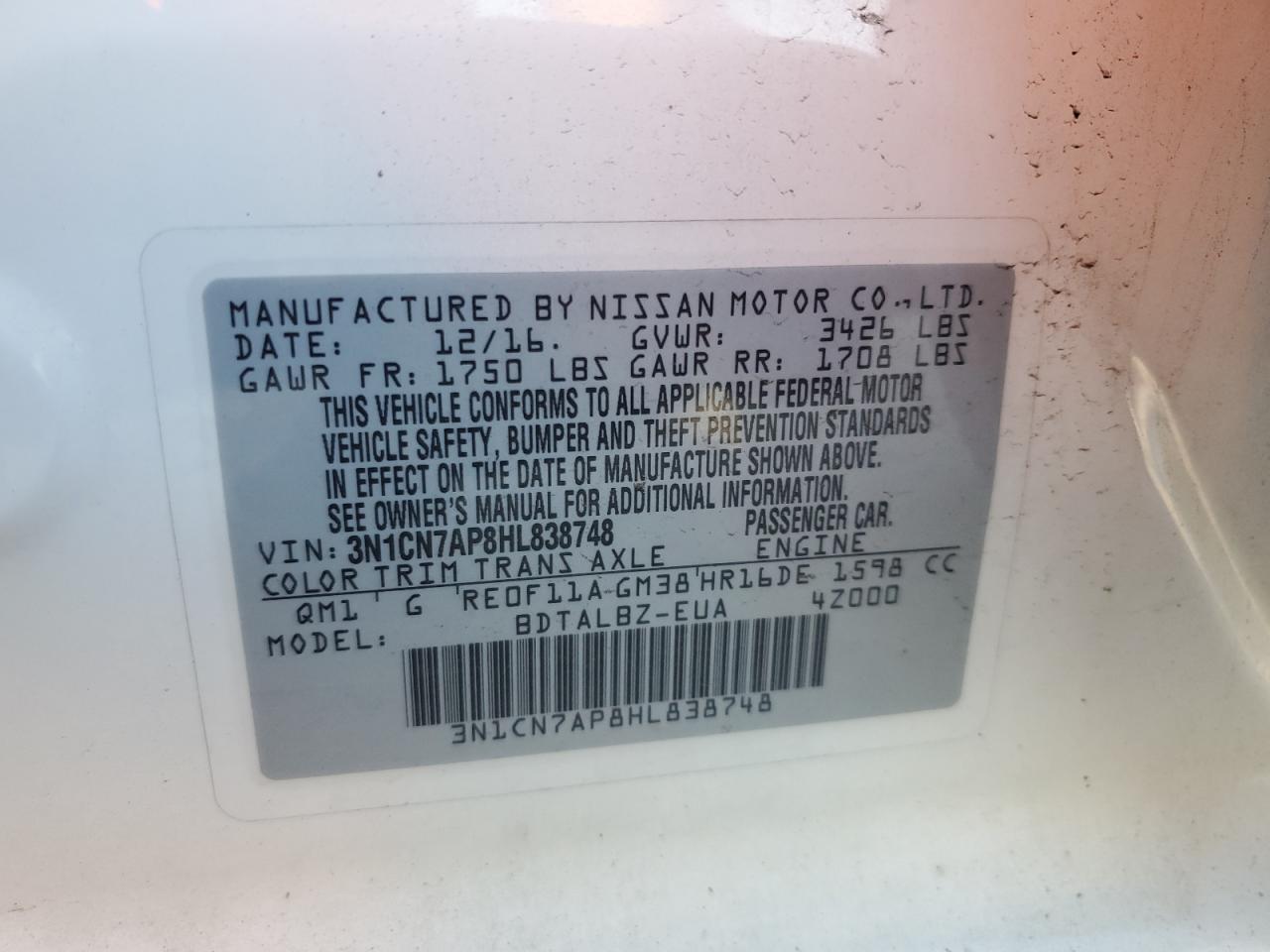 2017 Nissan Versa S VIN: 3N1CN7AP8HL838748 Lot: 63125065
