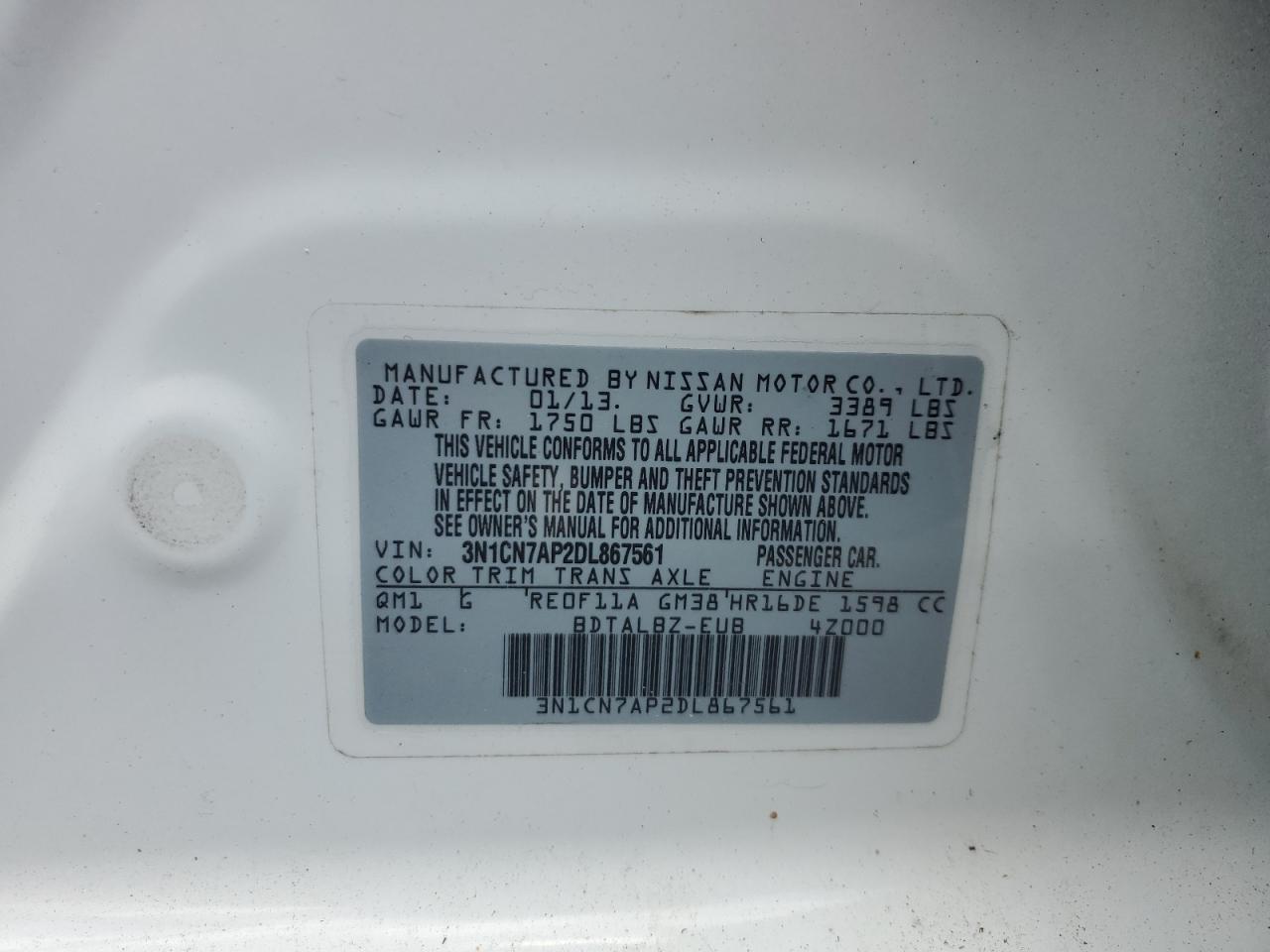 2013 Nissan Versa S VIN: 3N1CN7AP2DL867561 Lot: 65336105