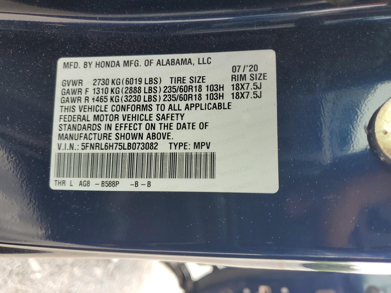 2020 Honda Odyssey Exl VIN: 5FNRL6H75LB073082 Lot: 63225935