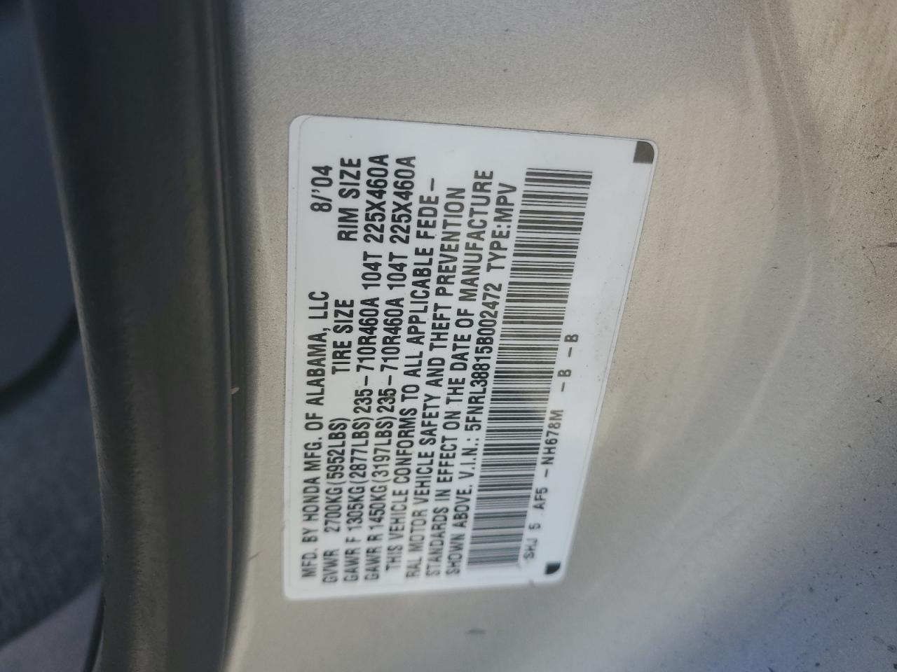 2005 Honda Odyssey Touring VIN: 5FNRL38815B002472 Lot: 63283695