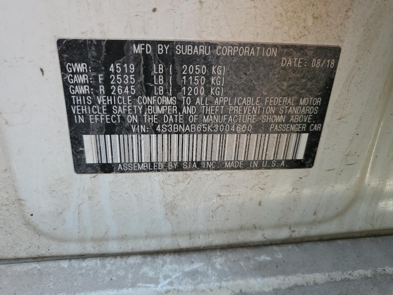 2019 Subaru Legacy 2.5I VIN: 4S3BNAB65K3004600 Lot: 64940105