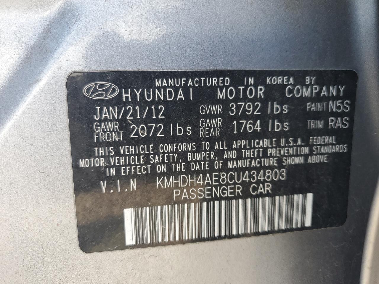 2012 Hyundai Elantra Gls VIN: KMHDH4AE8CU434803 Lot: 63223865