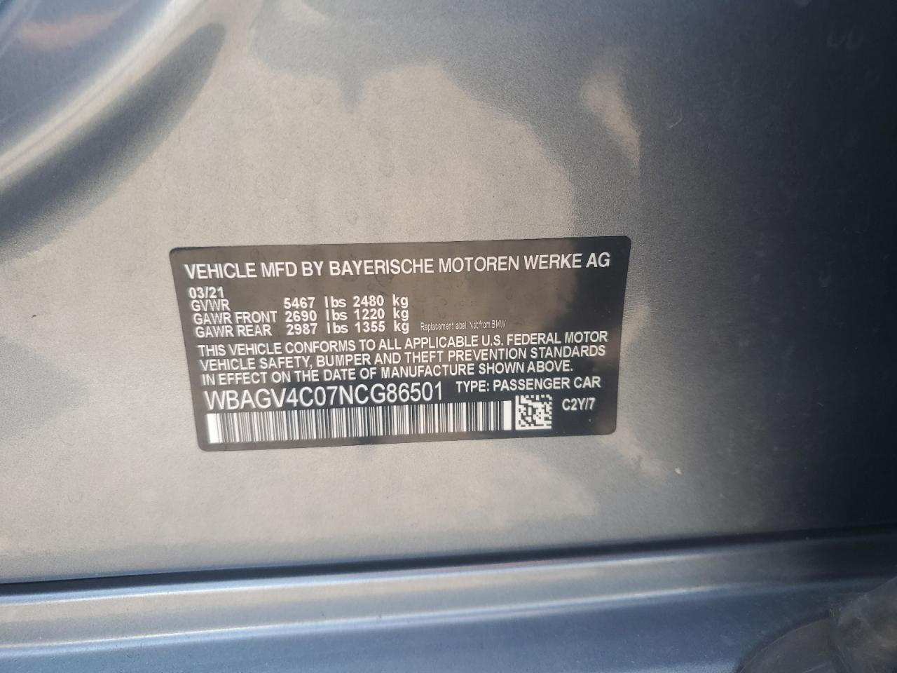 2022 BMW 840Xi VIN: WBAGV4C07NCG86501 Lot: 63764635