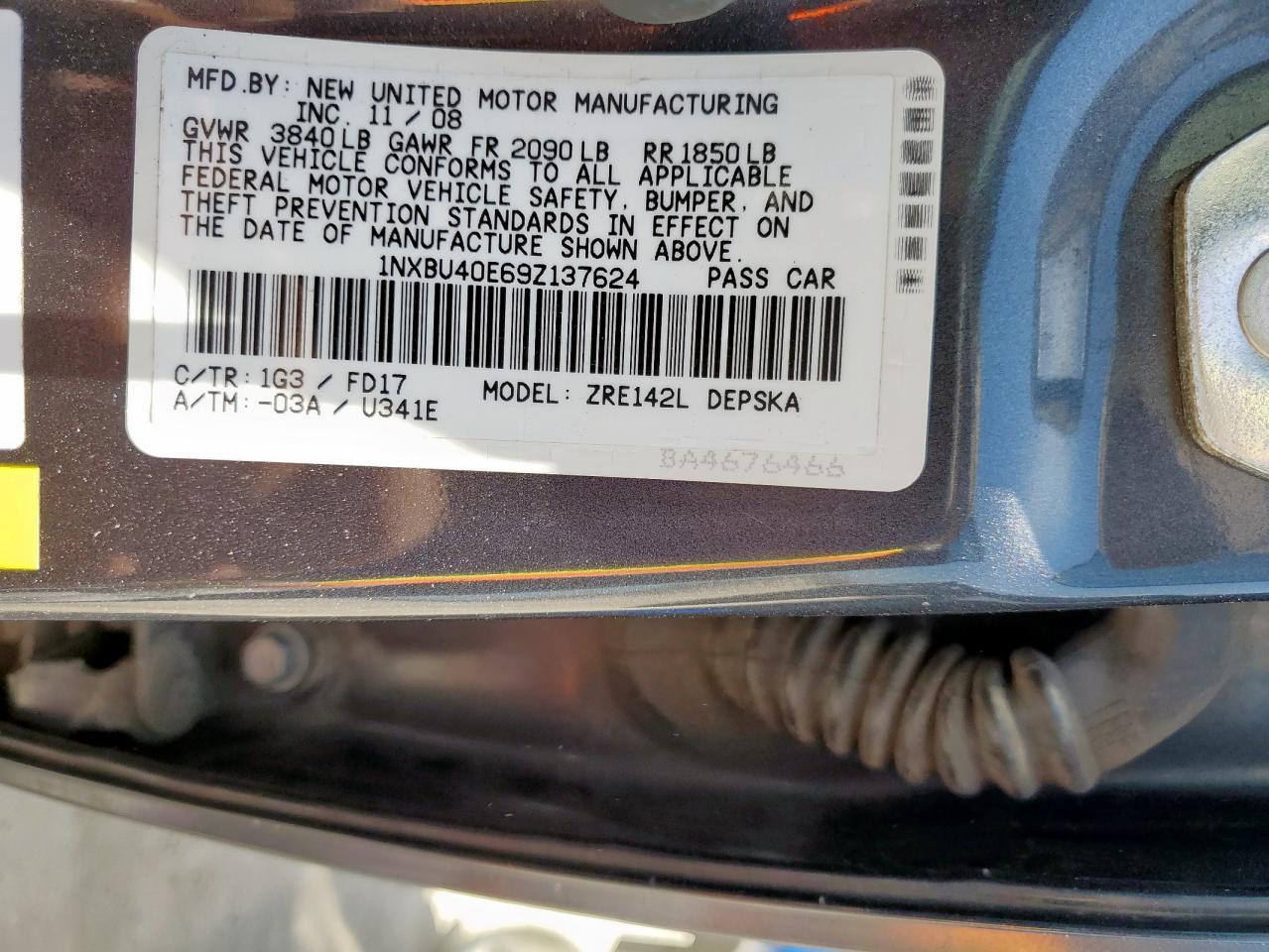 2009 Toyota Corolla Base VIN: 1NXBU40E69Z137624 Lot: 64767385