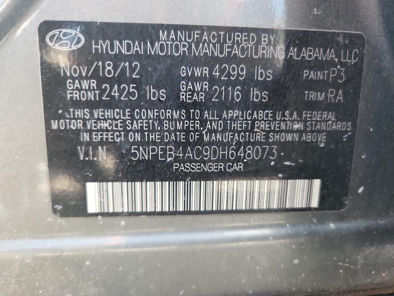 2013 Hyundai Sonata Gls VIN: 5NPEB4AC9DH648073 Lot: 64088285