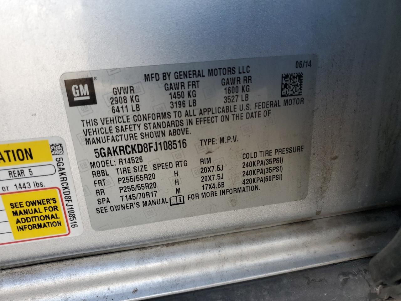 2015 Buick Enclave VIN: 5GAKRCKD8FJ108516 Lot: 64022995