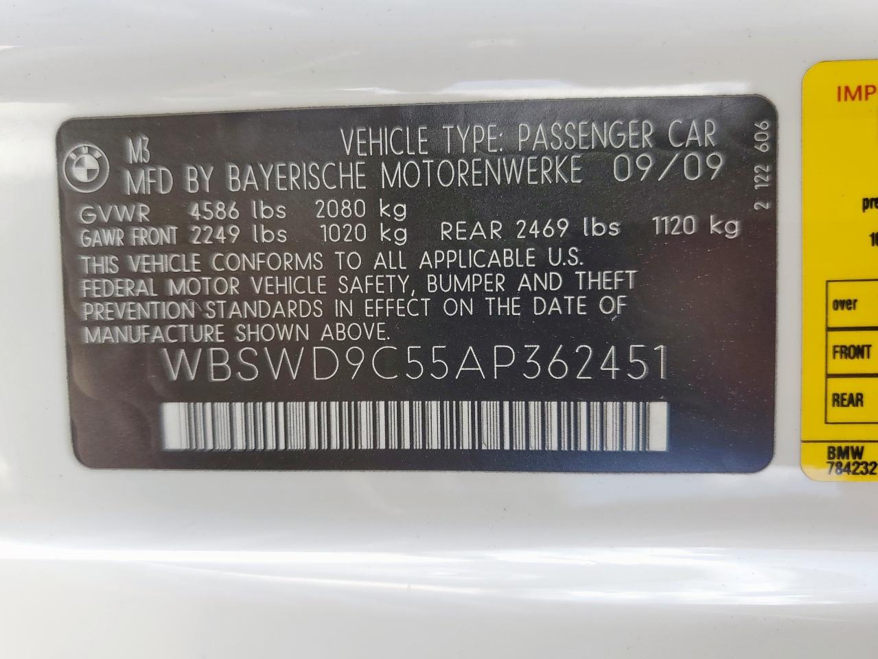 2010 BMW M3 VIN: WBSWD9C55AP362451 Lot: 64230115
