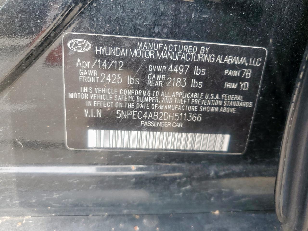 2013 Hyundai Sonata Se VIN: 5NPEC4AB2DH511366 Lot: 64215235