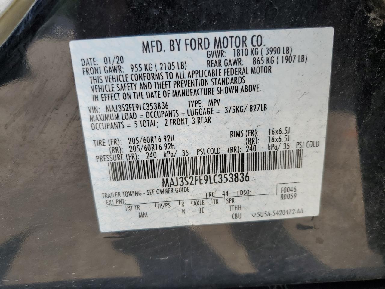 2020 Ford Ecosport S VIN: MAJ3S2FE9LC353836 Lot: 62558815