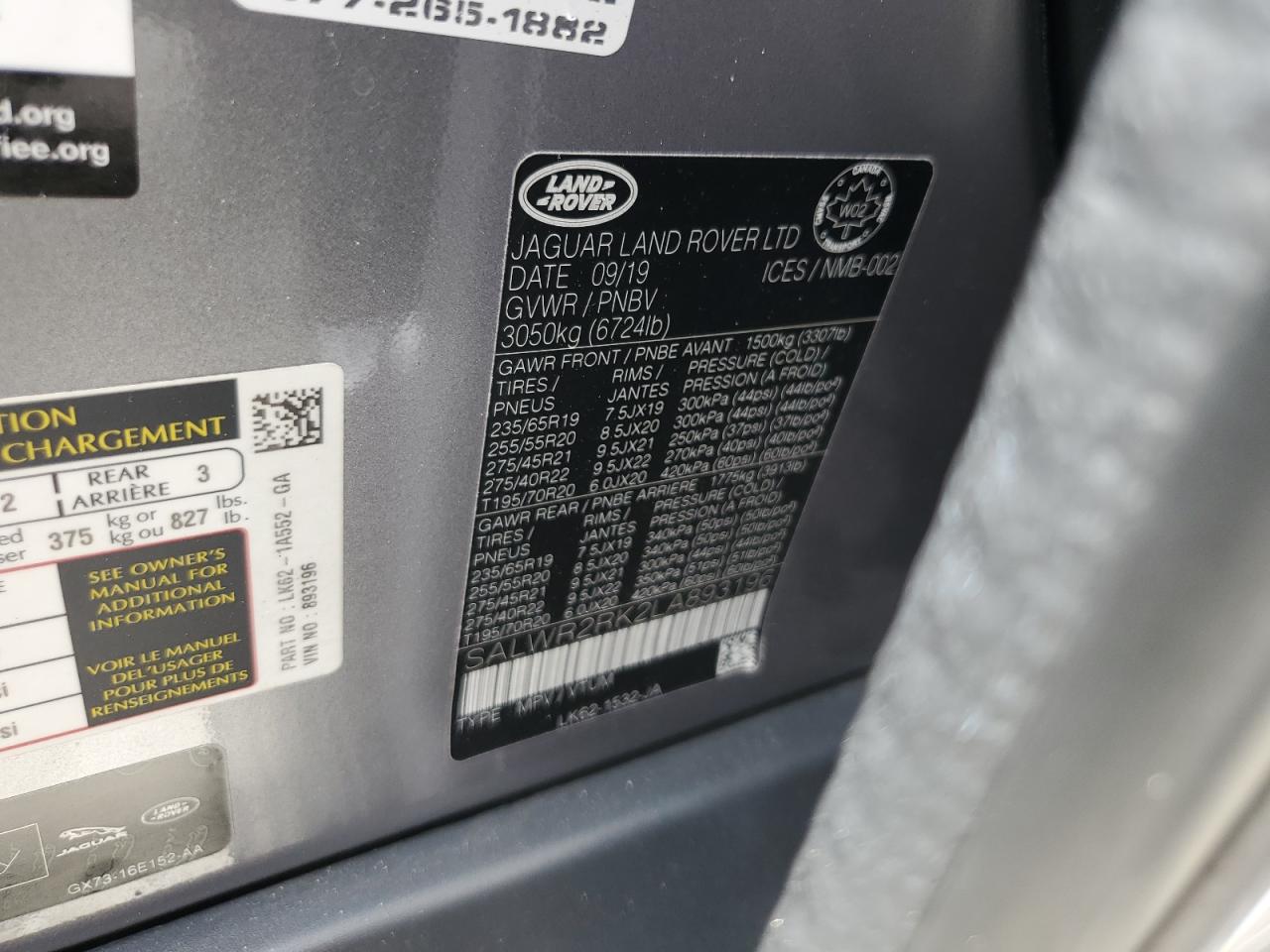 2020 Land Rover Range Rover Sport Hse VIN: SALWR2RK2LA893196 Lot: 64112835