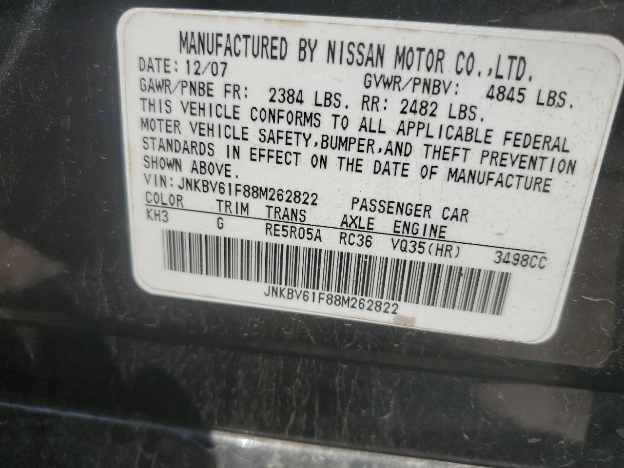 2008 Infiniti G35 VIN: JNKBV61F88M262822 Lot: 65201255