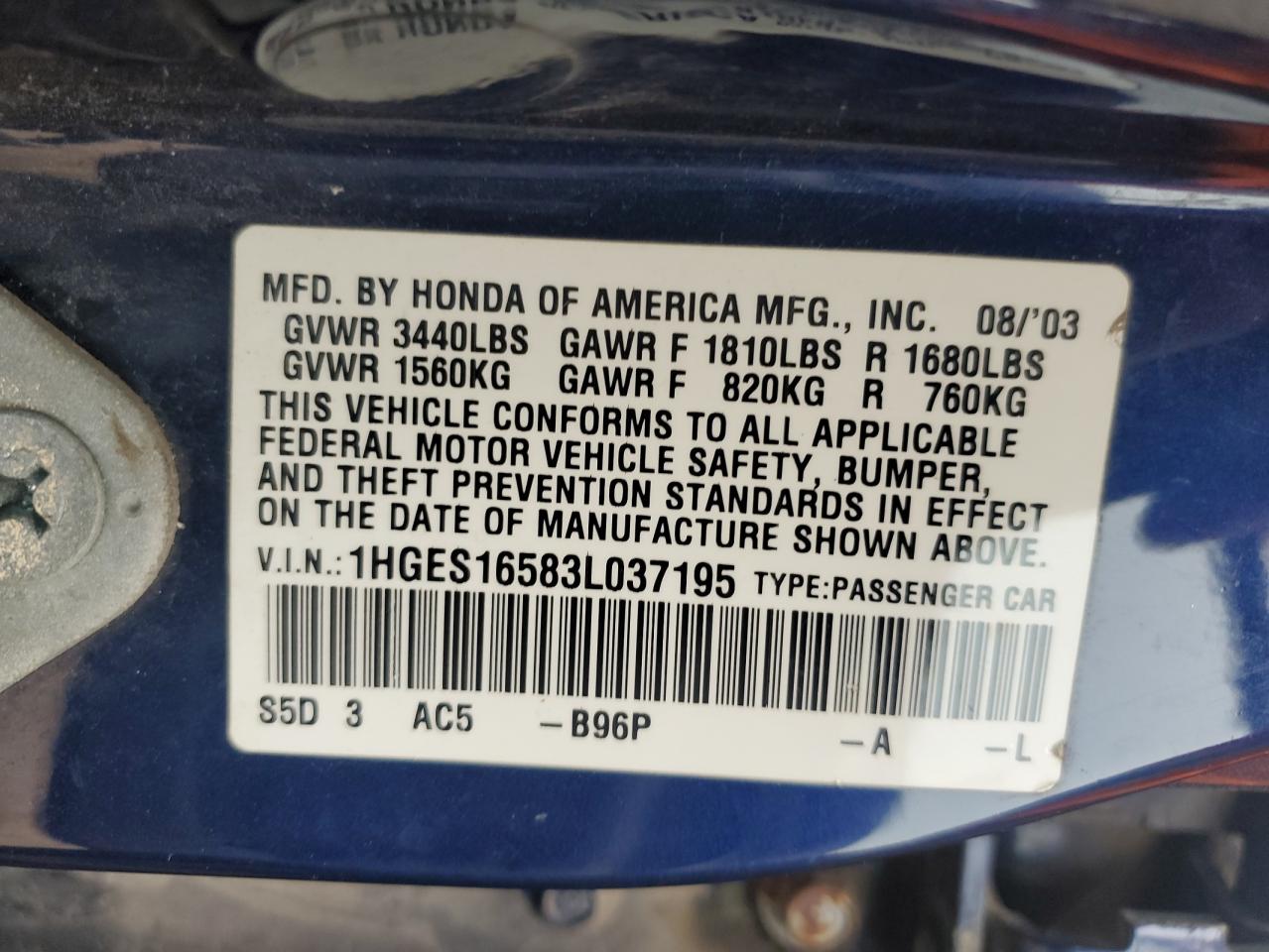 2003 Honda Civic Lx VIN: 1HGES16583L037195 Lot: 66629575
