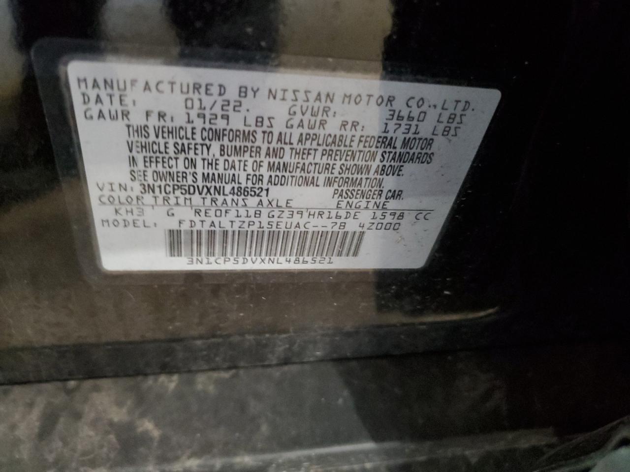 2022 Nissan Kicks Sr VIN: 3N1CP5DVXNL486521 Lot: 66173635