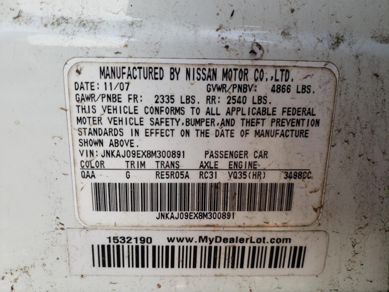 2008 Infiniti Ex35 Base VIN: JNKAJ09EX8M300891 Lot: 62766905