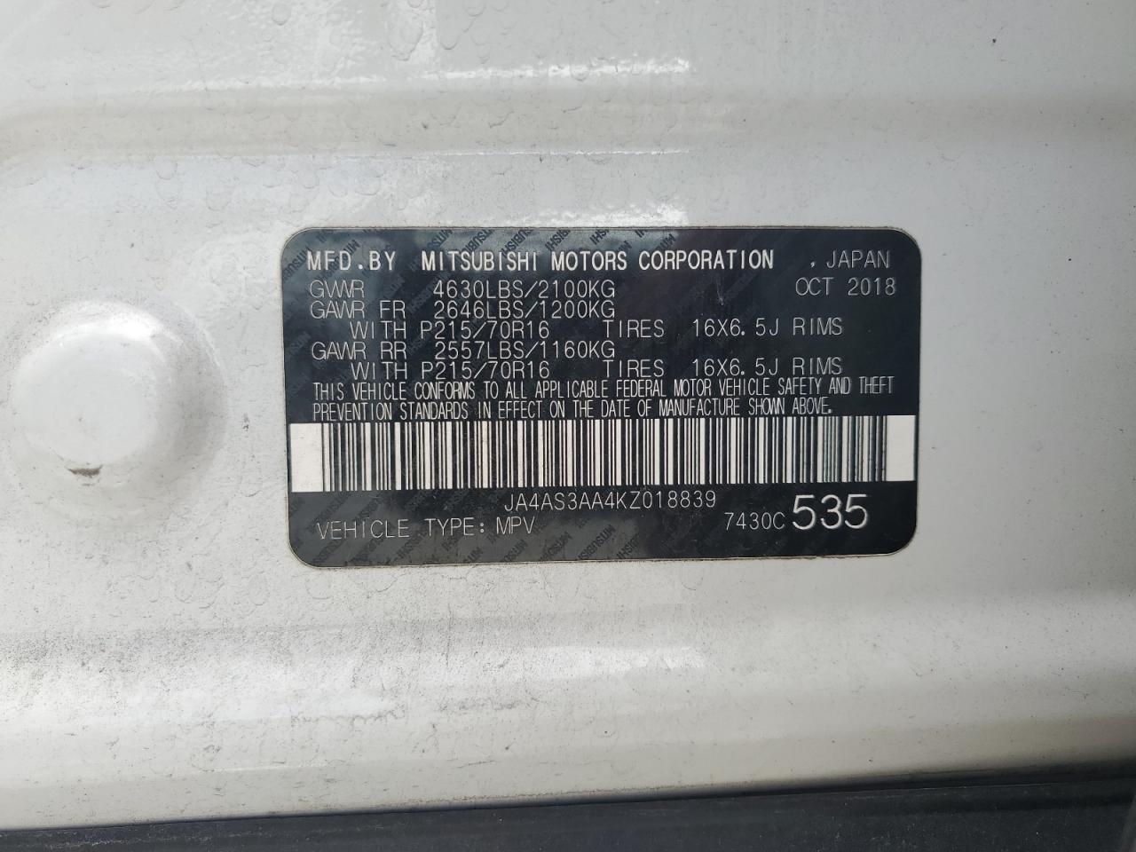 2019 Mitsubishi Eclipse Cross Es VIN: JA4AS3AA4KZ018839 Lot: 64139395