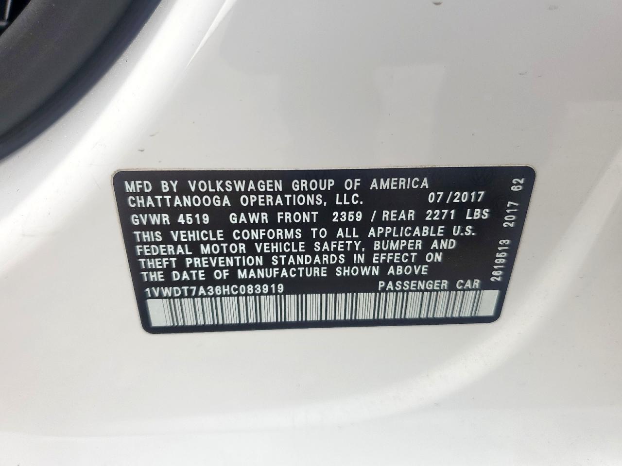 2017 Volkswagen Passat R-Line VIN: 1VWDT7A36HC083919 Lot: 62374415
