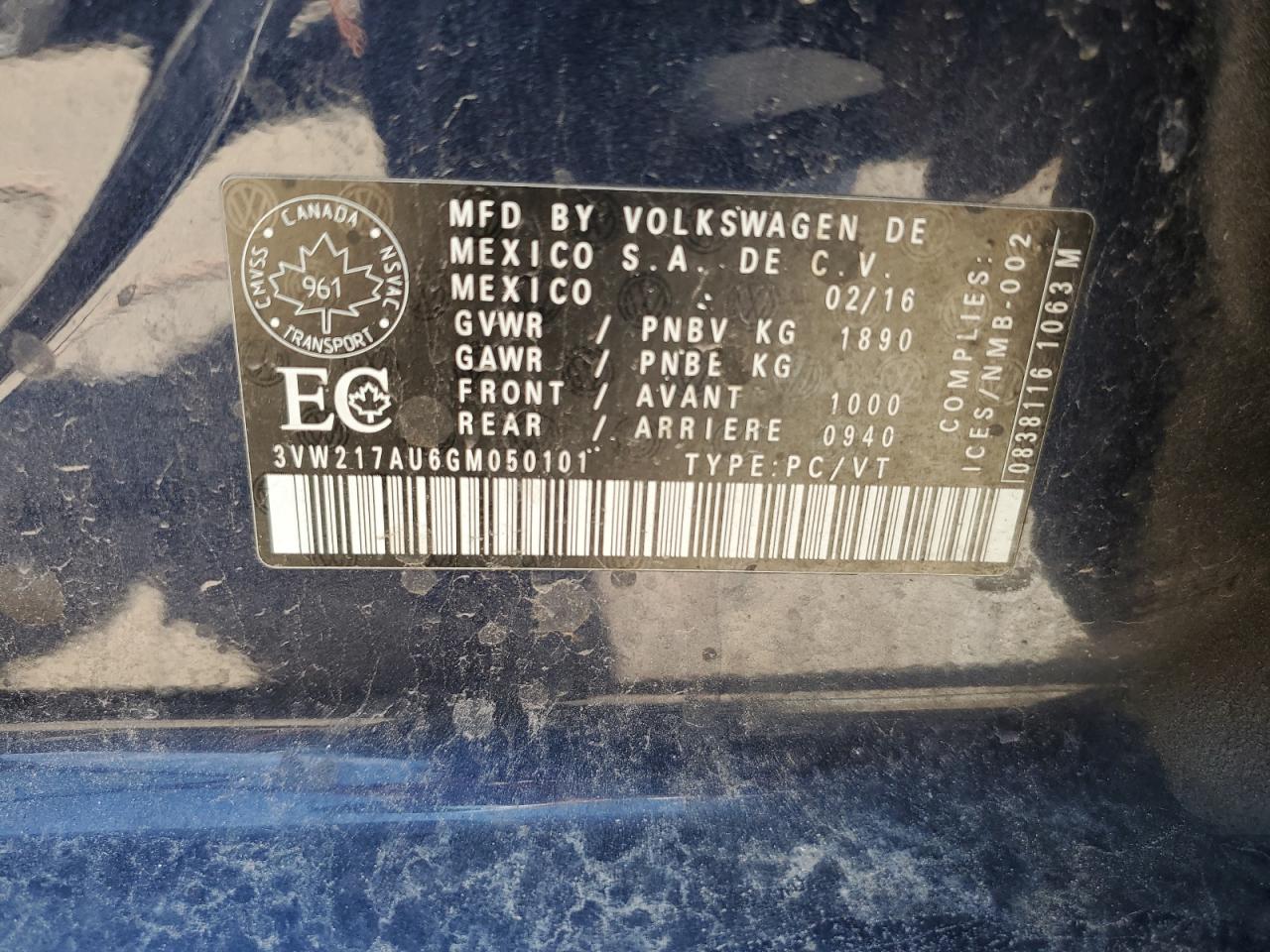2016 Volkswagen Golf S/Se VIN: 3VW217AU6GM050101 Lot: 64549505