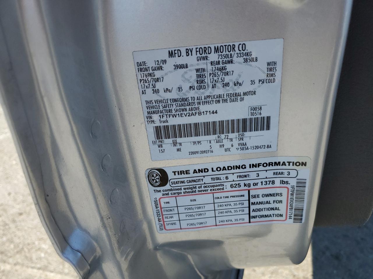 2010 Ford F150 Supercrew VIN: 1FTFW1EV2AFB17144 Lot: 64448955
