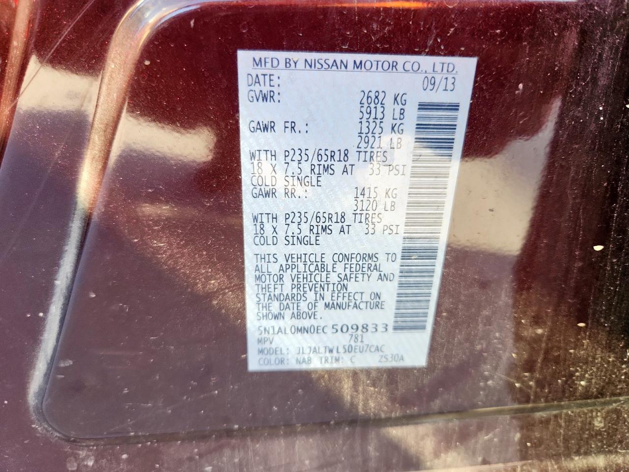 2014 Infiniti Qx60 VIN: 5N1AL0MN0EC509833 Lot: 64005645