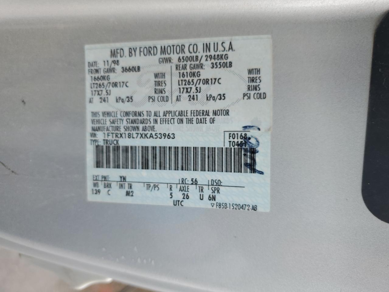 1999 Ford F150 VIN: 1FTRX18L7XKA53963 Lot: 66189025