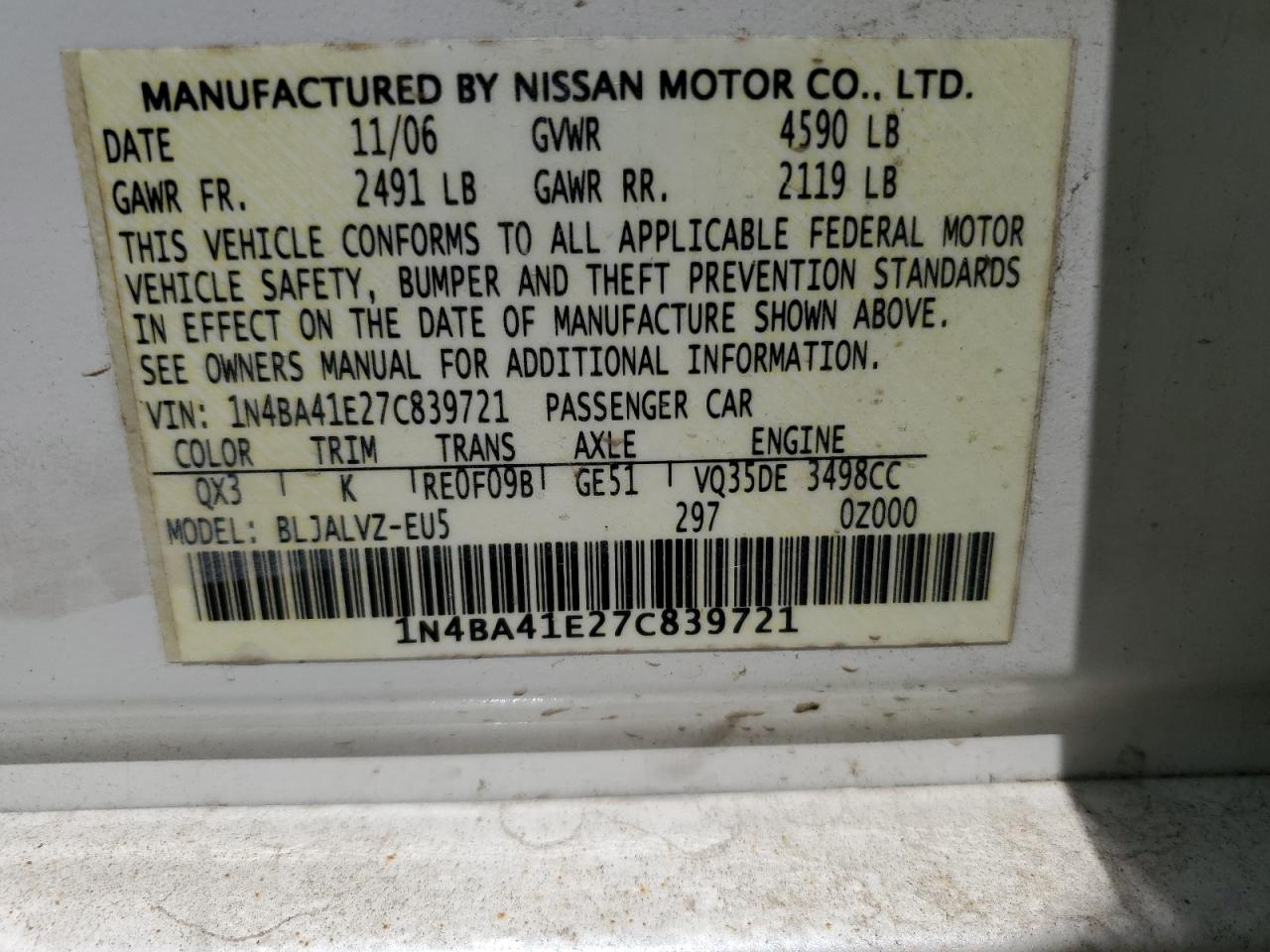2007 Nissan Maxima Se VIN: 1N4BA41E27C839721 Lot: 65062995
