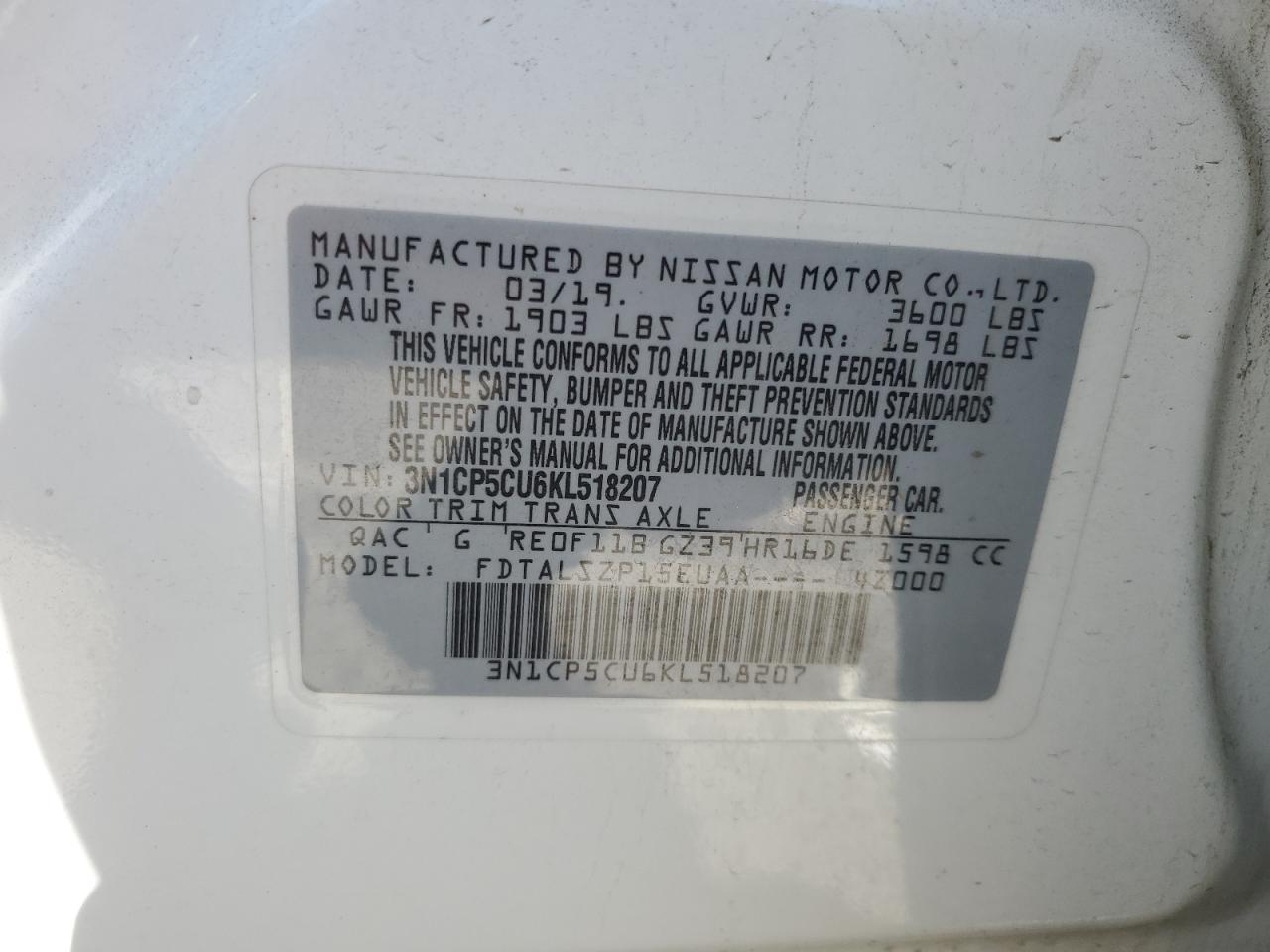 2019 Nissan Kicks S VIN: 3N1CP5CU6KL518207 Lot: 66356475