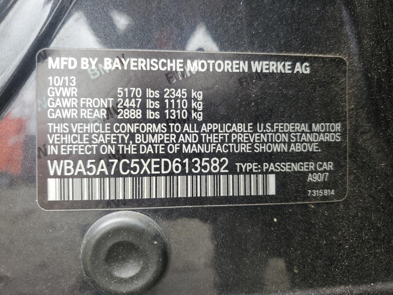 2014 BMW 528 Xi VIN: WBA5A7C5XED613582 Lot: 63978595