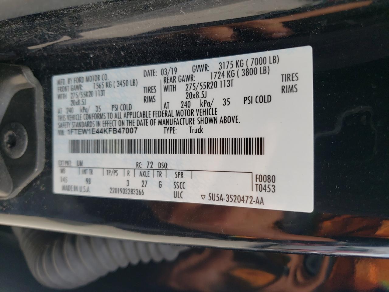 2019 Ford F150 Supercrew VIN: 1FTEW1E44KFB47007 Lot: 64661655