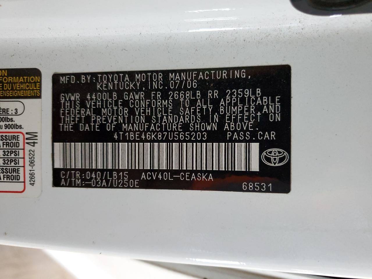 2007 Toyota Camry Ce VIN: 4T1BE46K87U565203 Lot: 66513995