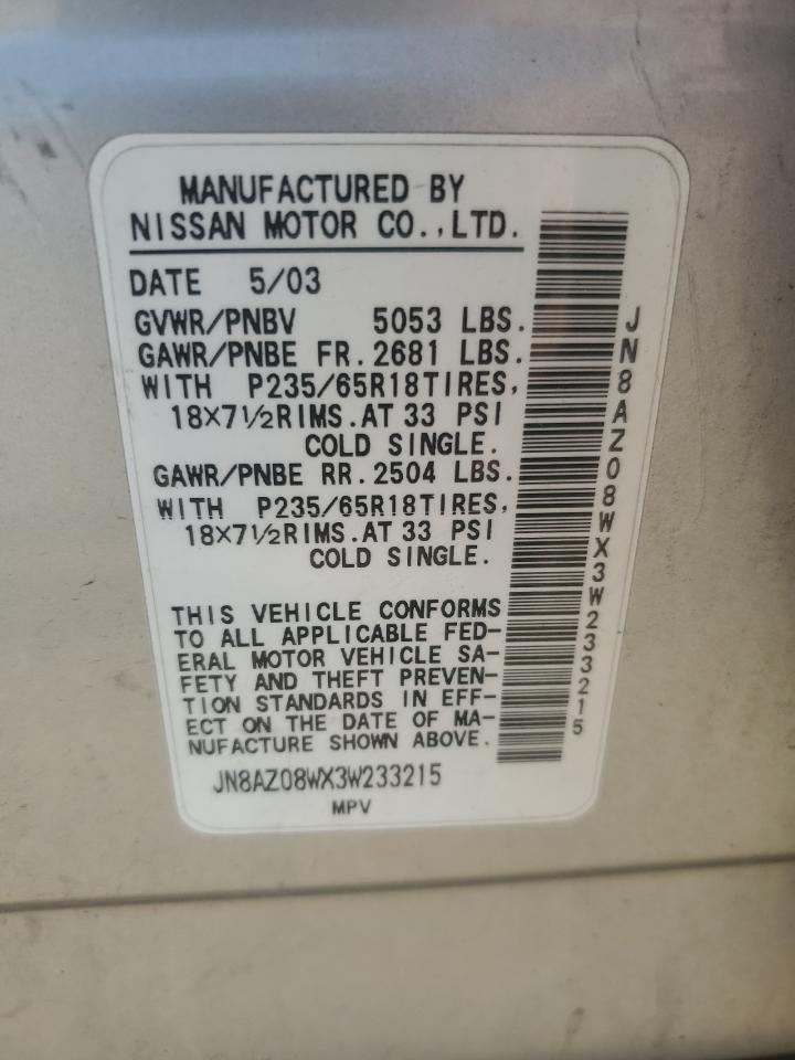 2003 Nissan Murano Sl VIN: JN8AZ08WX3W233215 Lot: 64311315