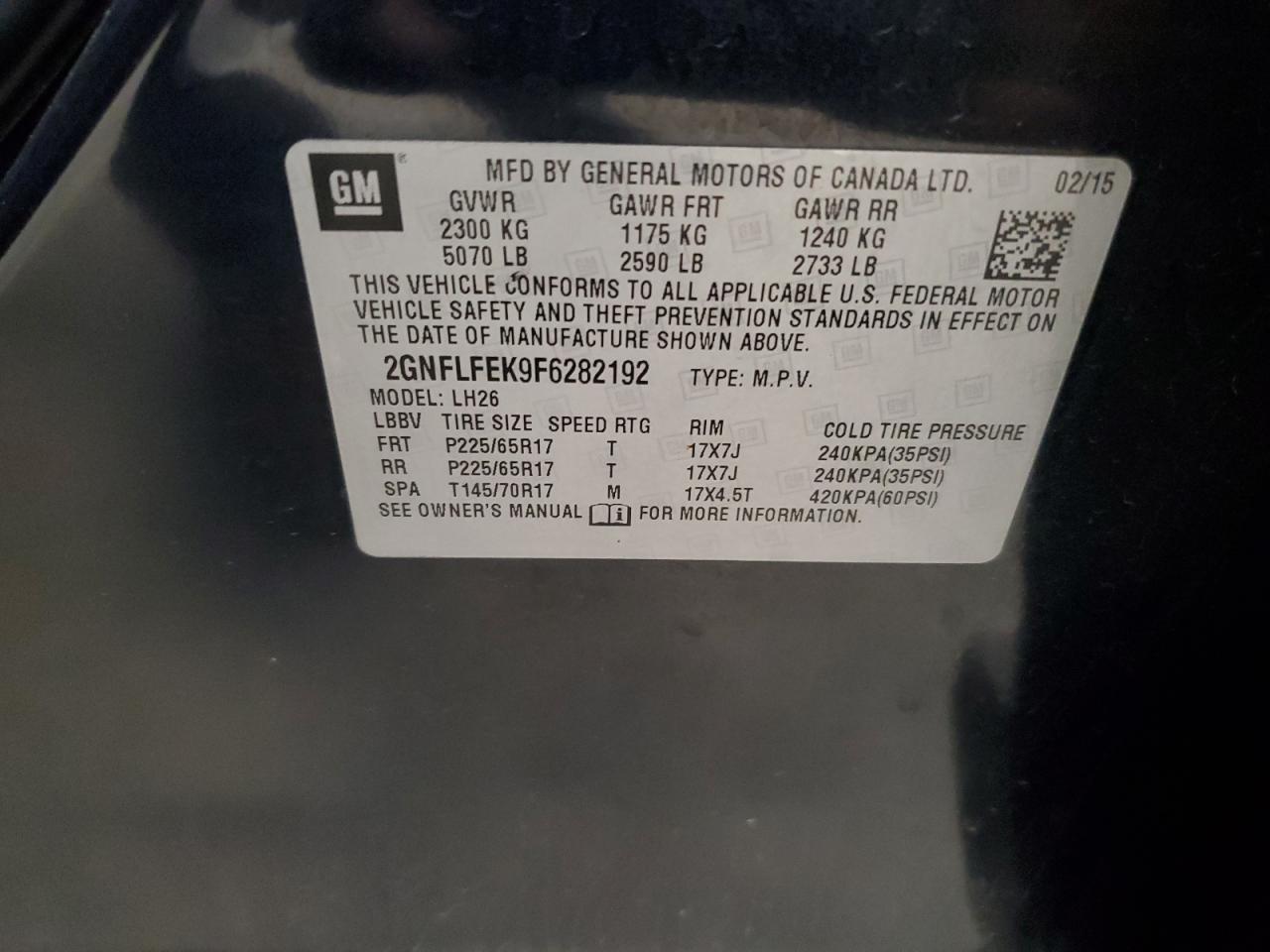 2015 Chevrolet Equinox Lt VIN: 2GNFLFEK9F6282192 Lot: 65357665