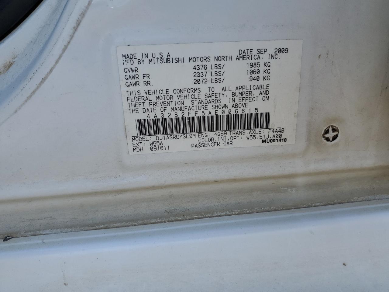 2010 Mitsubishi Galant Fe VIN: 4A32B2FF5AE006615 Lot: 63439785