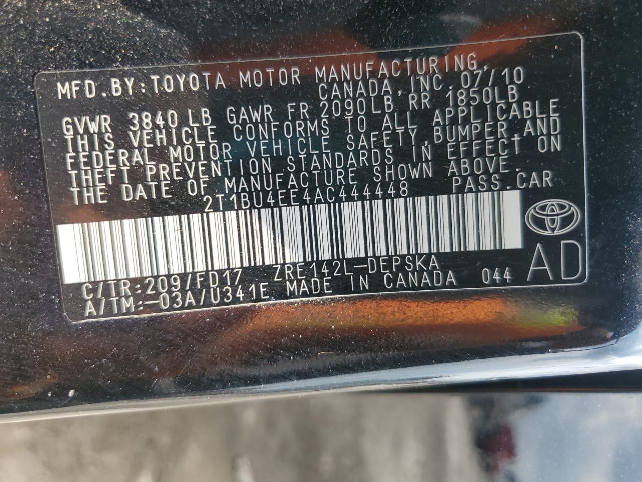 2010 Toyota Corolla Base VIN: 2T1BU4EE4AC444448 Lot: 64782965