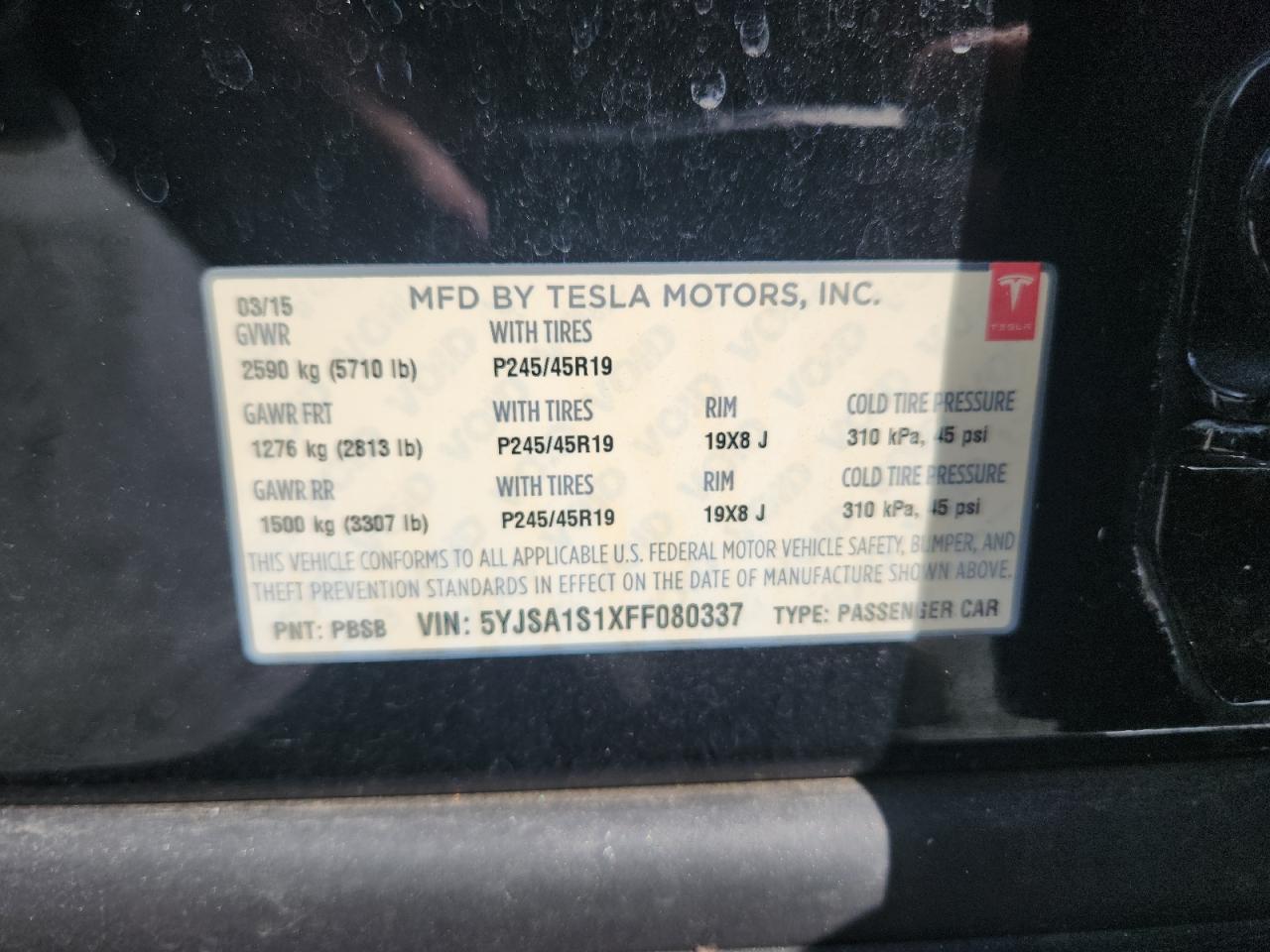2015 Tesla Model S 60 VIN: 5YJSA1S1XFF080337 Lot: 64905045