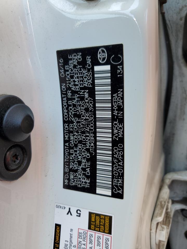 2016 Toyota Prius VIN: JTDKBRFU0G3013907 Lot: 64727325