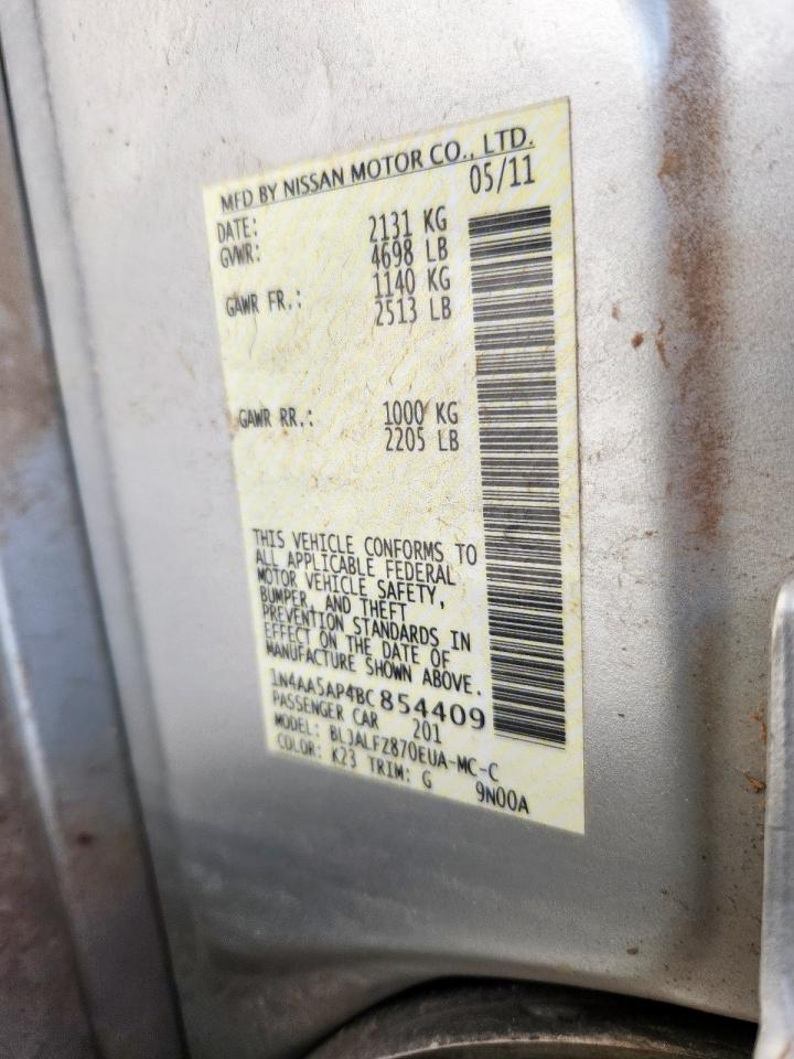 2011 Nissan Maxima S VIN: 1N4AA5AP4BC854409 Lot: 63110005