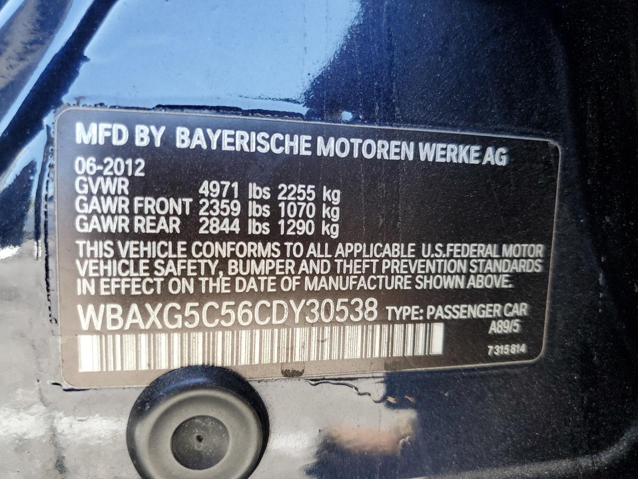 2012 BMW 528 I VIN: WBAXG5C56CDY30538 Lot: 64433905