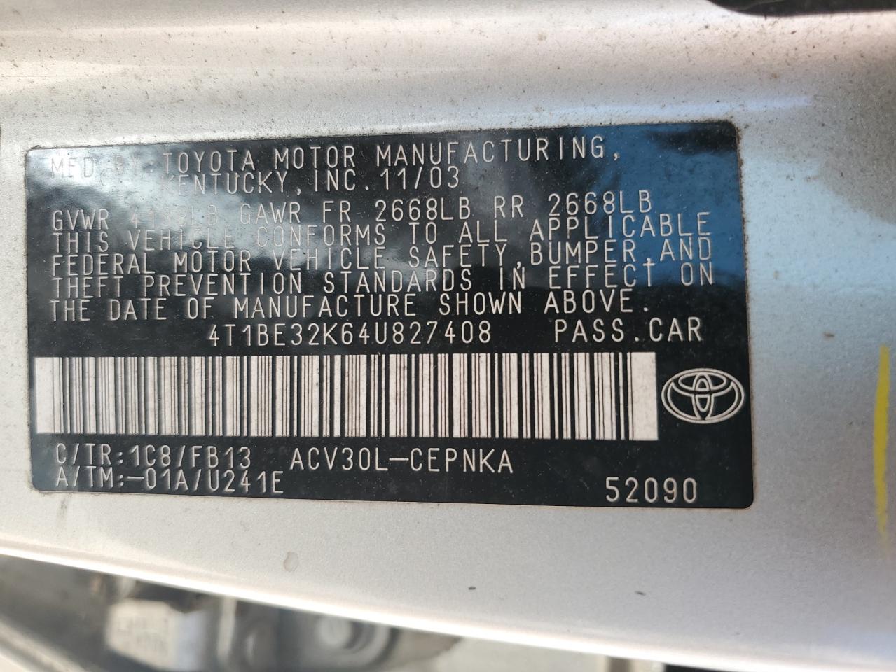 2004 Toyota Camry Le VIN: 4T1BE32K64U827408 Lot: 65544835