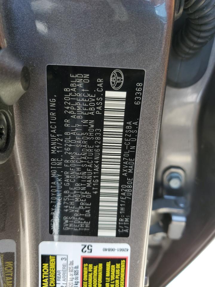 2022 Toyota Camry Se VIN: 4T1G11AK4NU642833 Lot: 64516655