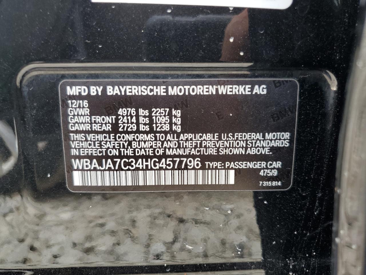 2017 BMW 530 Xi VIN: WBAJA7C34HG457796 Lot: 65006345