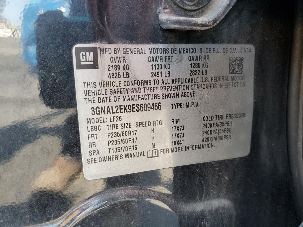 2014 Chevrolet Captiva Ls VIN: 3GNAL2EK9ES609466 Lot: 65206015