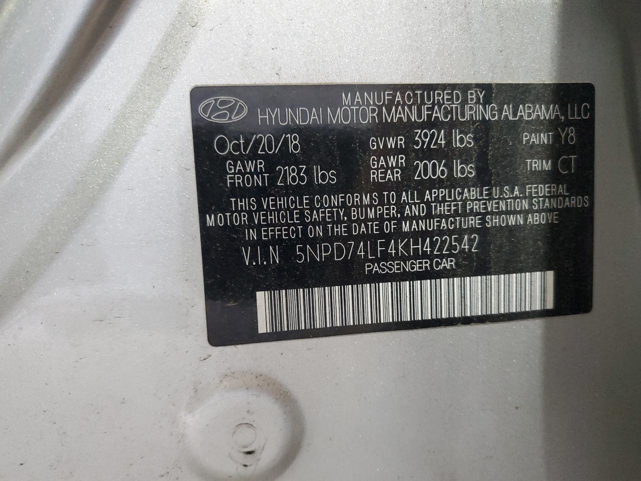 2019 Hyundai Elantra Se VIN: 5NPD74LF4KH422542 Lot: 64775395