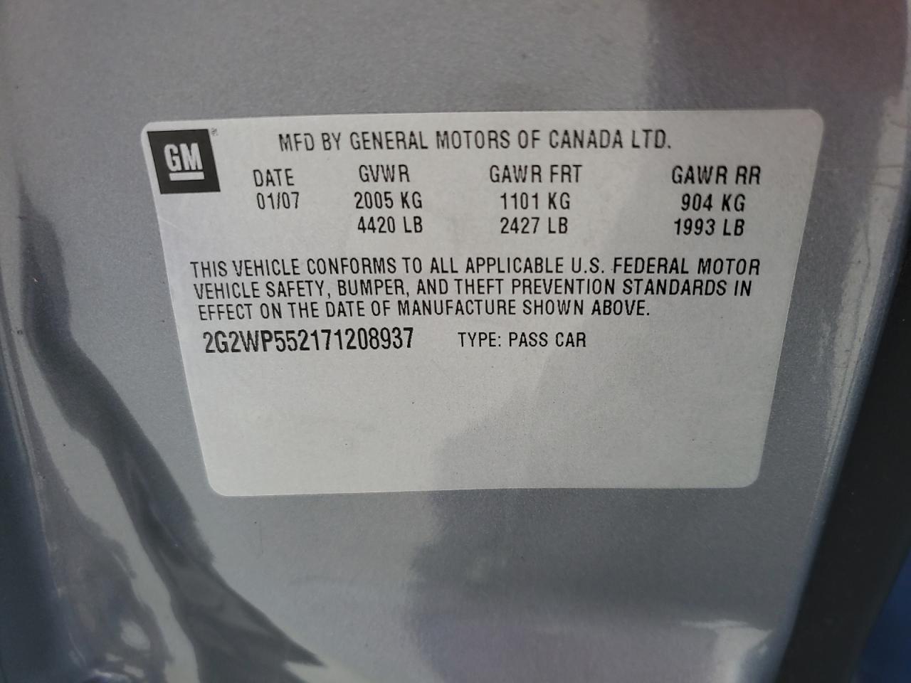 2007 Pontiac Grand Prix VIN: 2G2WP552171208937 Lot: 63075065