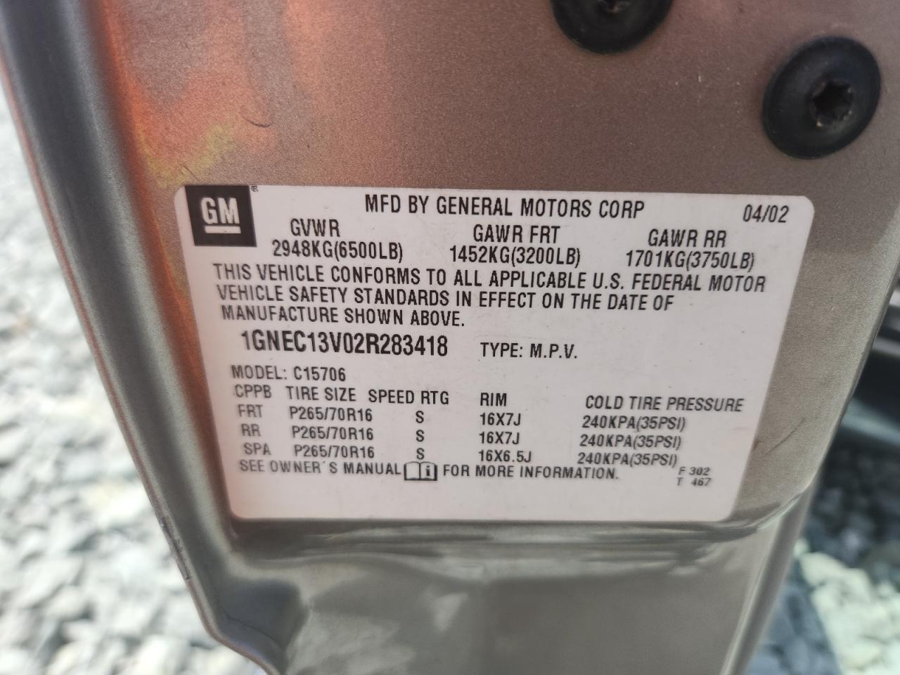 2002 Chevrolet Tahoe C1500 VIN: 1GNEC13V02R283418 Lot: 66376205