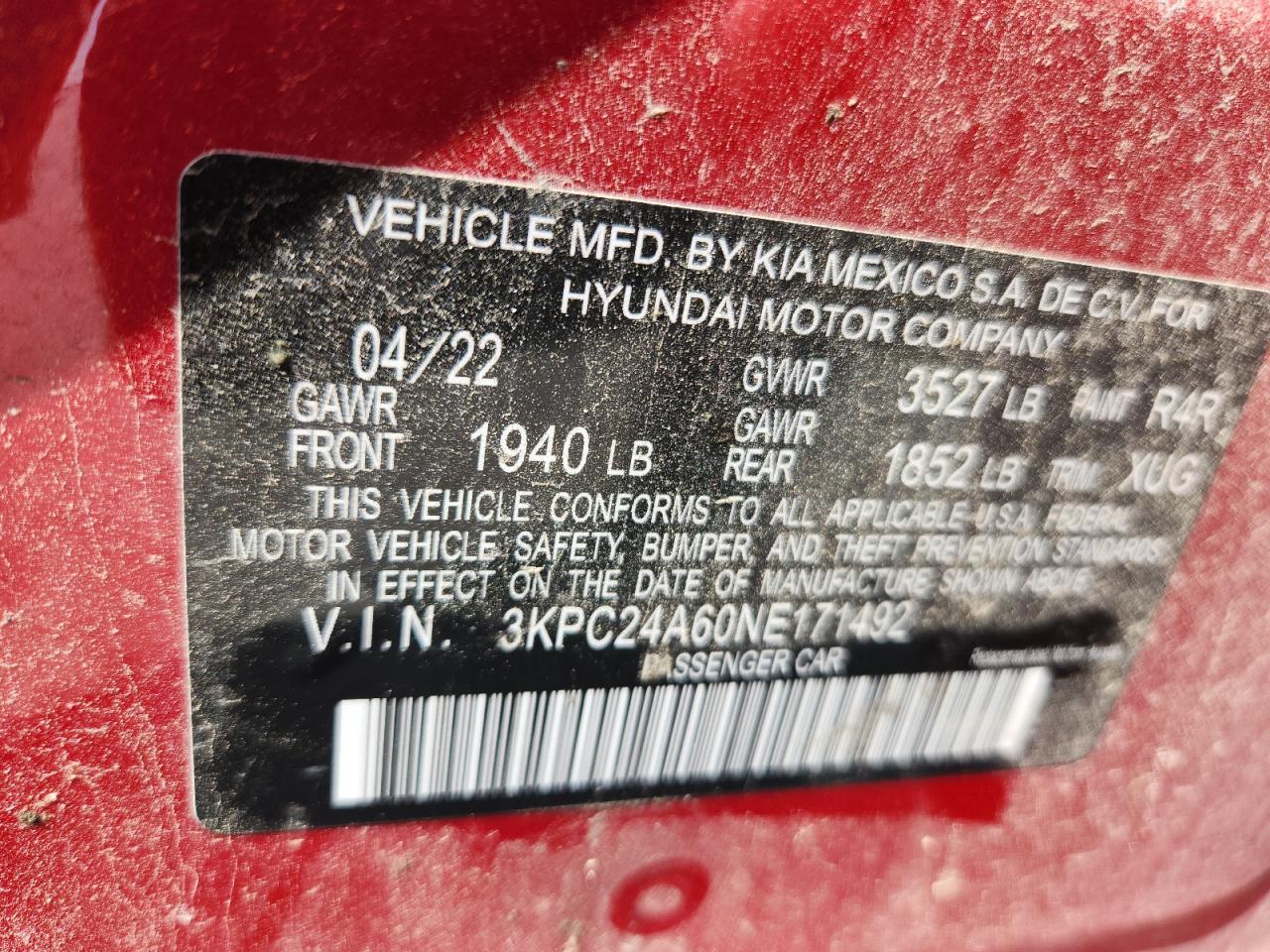 2022 Hyundai Accent Se VIN: 3KPC24A60NE171492 Lot: 65224985