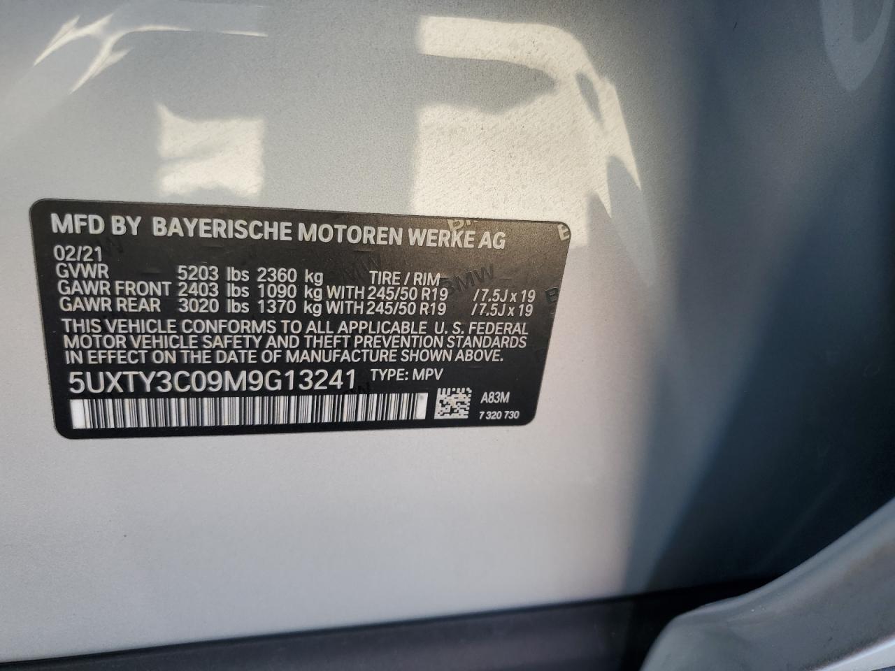 2021 BMW X3 Sdrive30I VIN: 5UXTY3C09M9G13241 Lot: 64483335