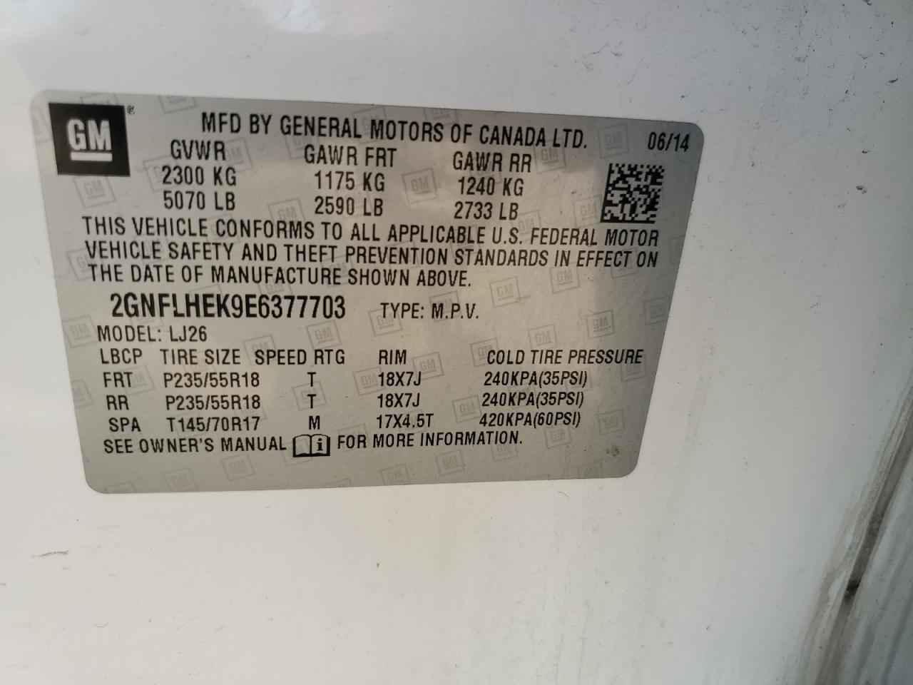 2014 Chevrolet Equinox Ltz VIN: 2GNFLHEK9E6377703 Lot: 64689705